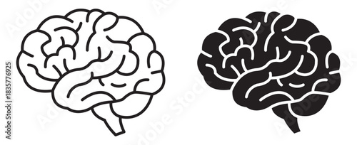A minimalist brain icon set with clean outlines and solid fills, bold anatomical curves, simplified lobe shapes, and modern abstract lines for education, science, intelligence, and creative graphics