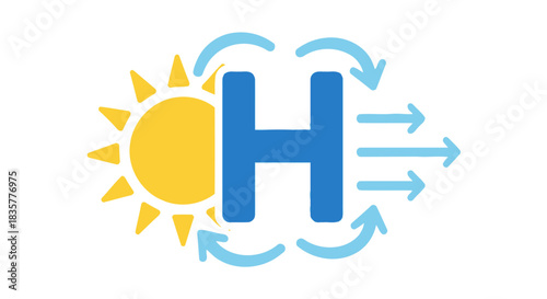 Abstract representation of heat transfer with sun, 'H' letter and arrow elements