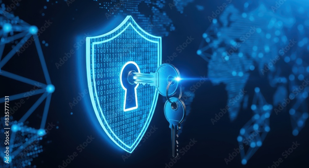© lady gaga - Digital Cybersecurity and Global Data Protection Concept with Neon Shield and Key