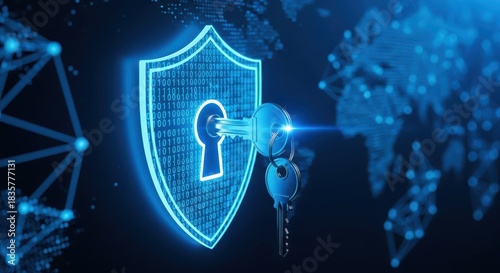 Photos Digital Cybersecurity and Global Data Protection Concept with Neon Shield and Ke