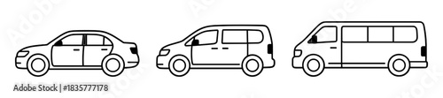 Car, minivan and van side view icons, simple black outline transport vehicles set for auto service, rental and delivery design