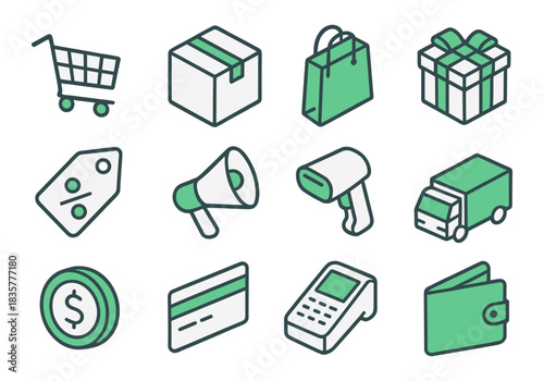 Ecommerce shopping icons set, isometric green line style with cart, box, bag, gift, discount tag, payment and delivery symbols