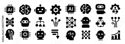 Artificial intelligence solid icons set with AI chips, neural networks, robot heads, brains and data analytics symbols