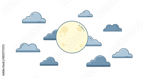 Serene lunar illustration amidst soft cartoonish clouds a peaceful nighttime scene created with