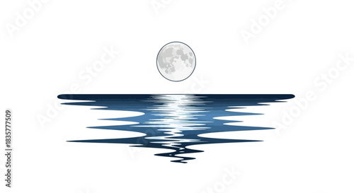 Dreamy reflections: a stylized moon mirrored on shimmering water surface scene