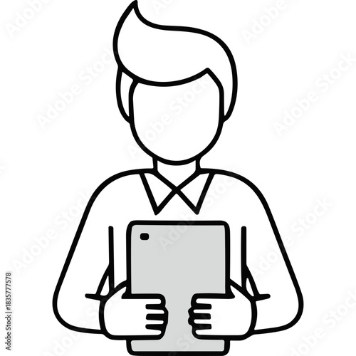 Man Holding Tablet Device Front View Minimalist Design White Background