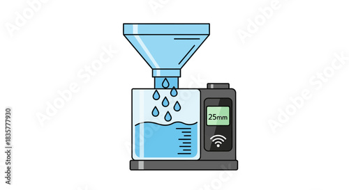 Automated rainfall measurement device illustration with wireless data transmission concept