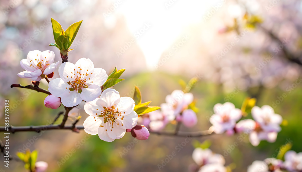 Obraz premium Spring blossoms on tree branches, sharp focus on flowers, blurred background, natural light