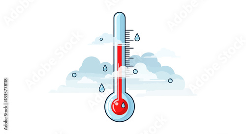 Cartoon depiction of a thermometer displaying a rising temperature amid abstract clouds