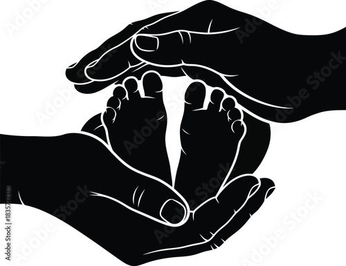 Parental hands gently protecting tiny newborn baby feet silhouette love care family childhood vector