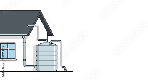 Sustainable water management illustration with rainwater harvesting system diagram and residential