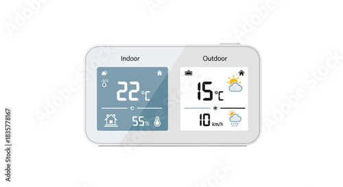 Illustrative digital weather station display showing indoor and outdoor conditions information for