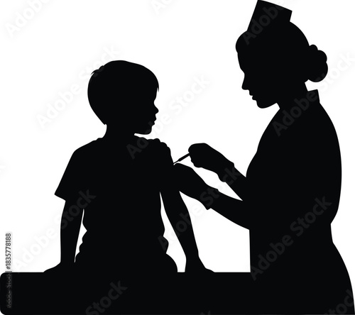 Silhouette of nurse giving vaccination shot to young child patient in medical clinic healthcare concept vector