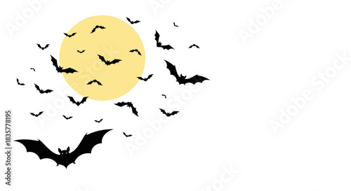 Bat silhouette swarm against a glowing moon halloween night background composition