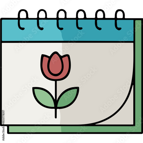Simple Flat Icon of a Calendar Page Featuring a Red Tulip Flower with Green Leaves and Stem Against a Light Gray Background with Teal Top Binding and Green Borders