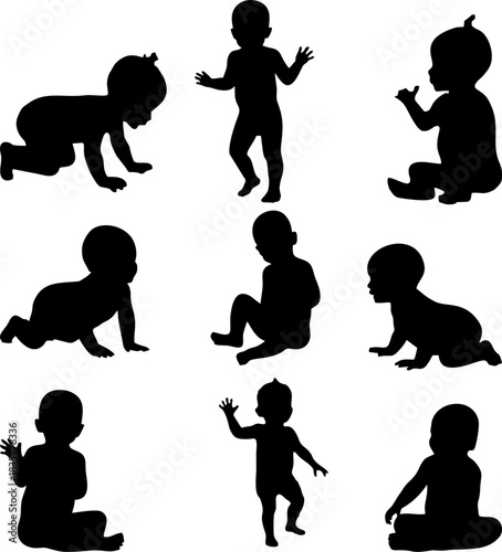 Set of baby and toddler silhouette isolated on white background. Sitting, crawling and standing. Vector illustration