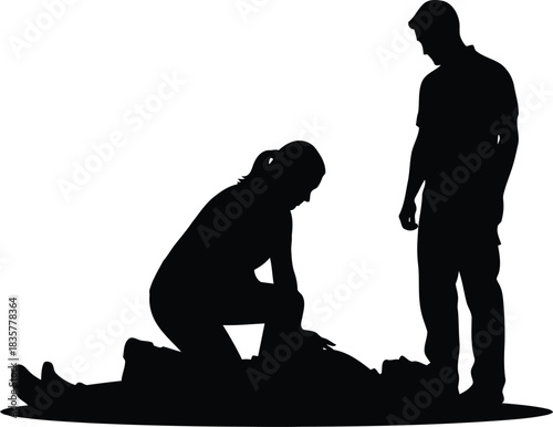 Medical emergency scene silhouette people performing cpr and assisting victim outdoors vector