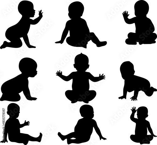 Set of baby and toddler silhouette isolated on white background. Sitting, crawling and standing. Vector illustration