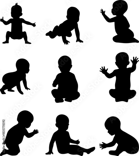 Set of baby and toddler silhouette isolated on white background. Sitting, crawling and standing. Vector illustration