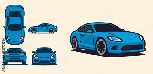 Blue Sports Coupe Car Set with Multiple Views Illustration