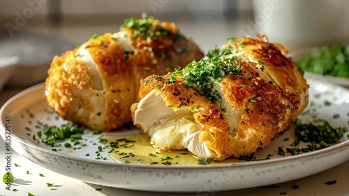 Classic Chicken Kiev with Melting Garlic Herb Butter on White Plate