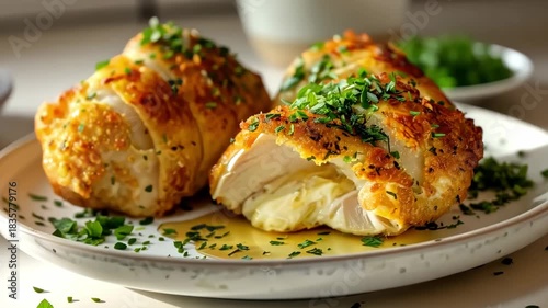 Classic Chicken Kiev with Melting Garlic Herb Butter on White Plate