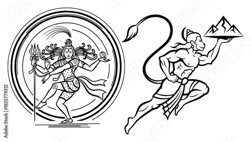 Lord Shiva Nataraja and flying Hanuman Hindu gods vector illustration