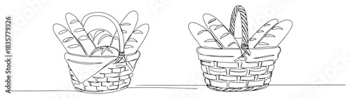 Wicker picnic baskets filled with fresh bread baguettes vector sketch
