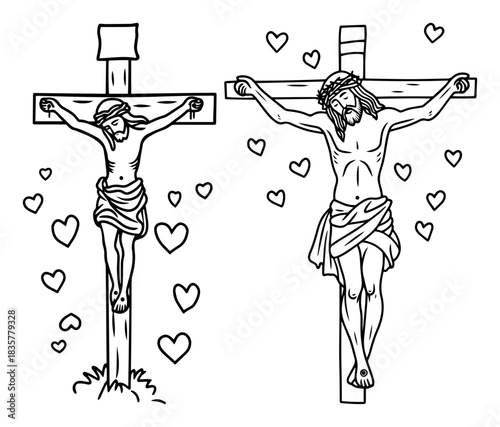 Jesus Christ crucifixion on cross with hearts vector sketch illustration