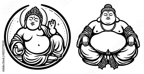 Set of happy laughing and meditating Buddha vector illustrations