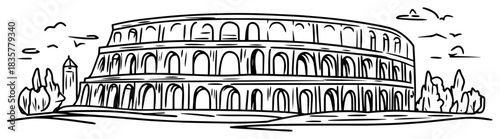 Panoramic Colosseum Rome historical landmark hand drawn vector sketch