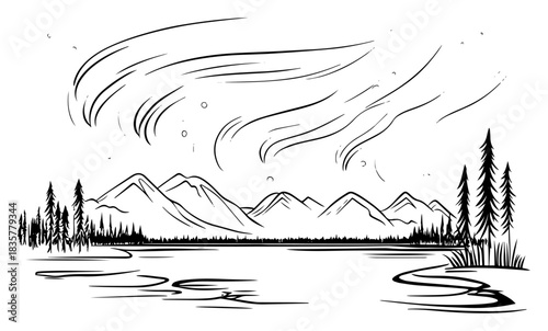 Northern lights aurora borealis over mountain lake landscape vector sketch