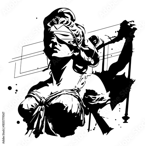 Lady Justice blindfolded goddess artistic grunge silhouette vector illustration