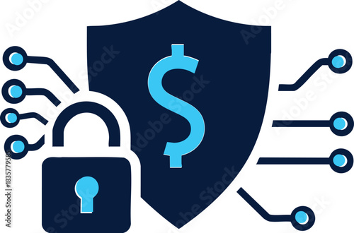 Digital financial security concept featuring a dark blue shield with a dollar sign, a padlock, and circuit board traces symbolizing fintech protection and data encryption