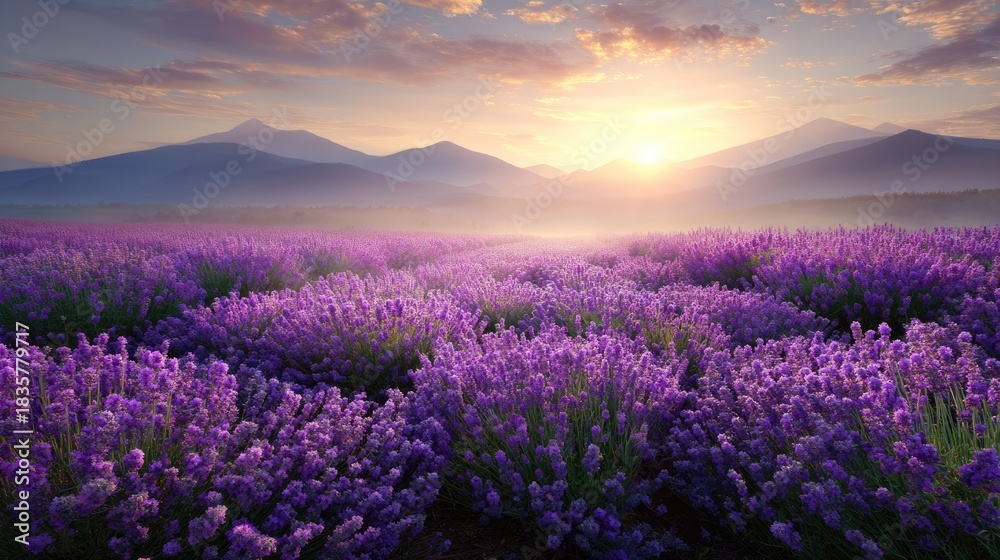 Obraz premium Lavender field under sunset with mountains in background