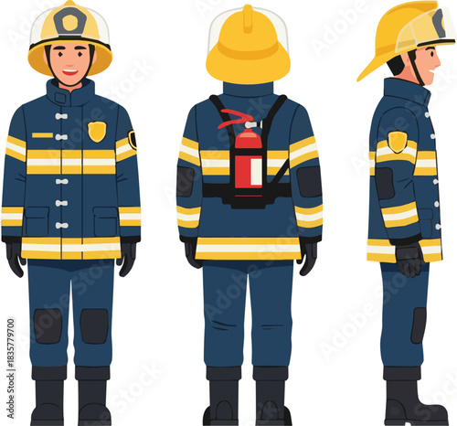 Professional Firefighter Character In Protective Suit Front Side And Back View