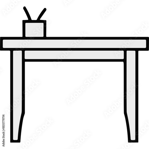 Simple White Line Art Icon of a Minimalist Desk with a Small Box and Antenna on Top Against a Black Background Vector Illustration