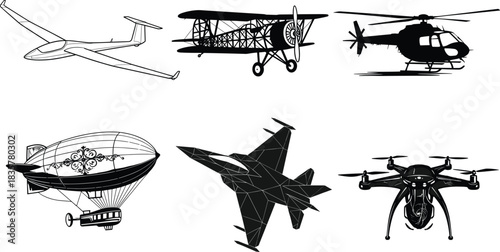 Set of different aircraft silhouettes including airplane, helicopter, fighter jet, drone, airship, and glider, aviation vector illustration, flight transportation icons
