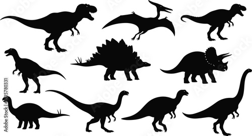Set of dinosaur silhouettes vector illustration, black prehistoric animal shapes collection including t-rex, triceratops and stegosaurus, isolated on white background for design.