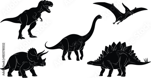 Set of dinosaur silhouettes including T-Rex, Triceratops, Stegosaurus, Brachiosaurus, and Pterodactyl, black vector illustration isolated on white background for design, prehistoric animal collection.
