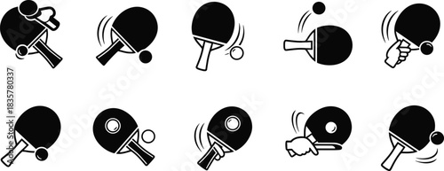 Table tennis paddle and ball icon set showing various hitting motions, dynamic sport actions, and clean minimal vector illustration for game equipment design, silhouette style