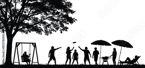 Silhouette family enjoying outdoor park activities with children playing, picnic umbrellas, barbecue grill, swing set, and relaxing summer leisure scene, vector illustration