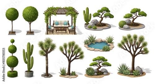 Collection of decorative outdoor plants and garden features