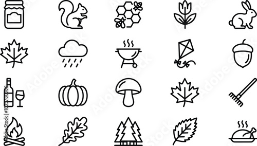 Autumn season vector icon set featuring leaves, animals, food, weather, harvest, camping and outdoor elements in simple line illustration style