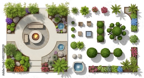 Modern outdoor living space design with fire pit and modular planting elements