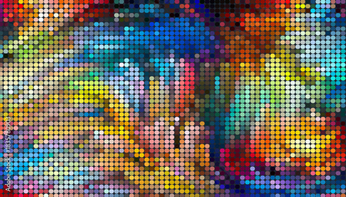 Abstract colorful pixelated mosaic background with vibrant hues and circular pattern