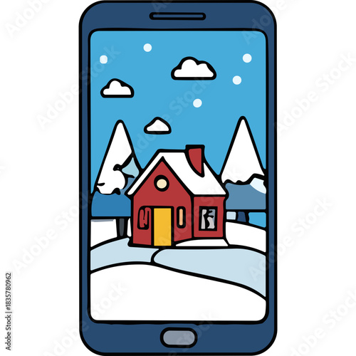 Smartphone Displaying A Charming Winter Scene With A Red House And Snowy Trees Under A Blue Sky With Falling Snow