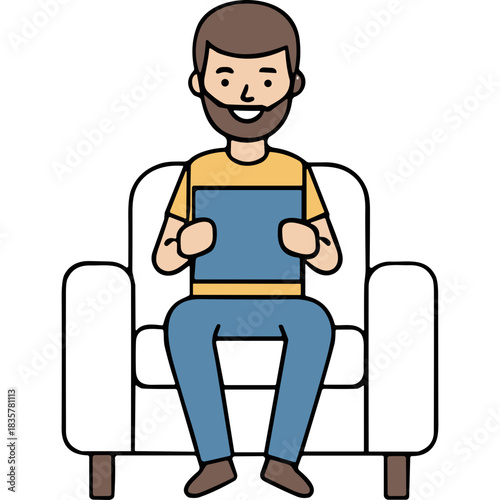 Smiling Man Wearing Blue Jeans and Yellow Shirt Sitting on White Armchair Holding a Blue Tablet with Both Hands