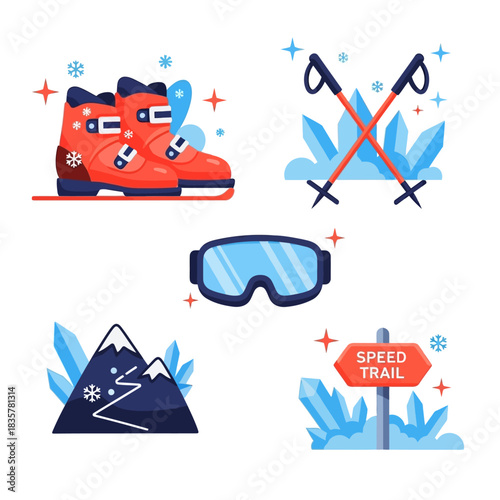 Modern Flat Icon Set of Alpine Skiing Sports Equipment