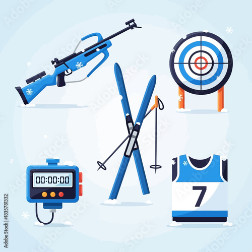 Biathlon Equipment Flat Vivid Winter Icon Bundle